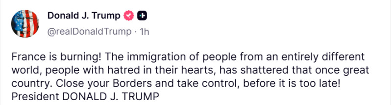 Donald Trump susține că imigrația a distrus Franța, în urma violențelor de pe străzile țării