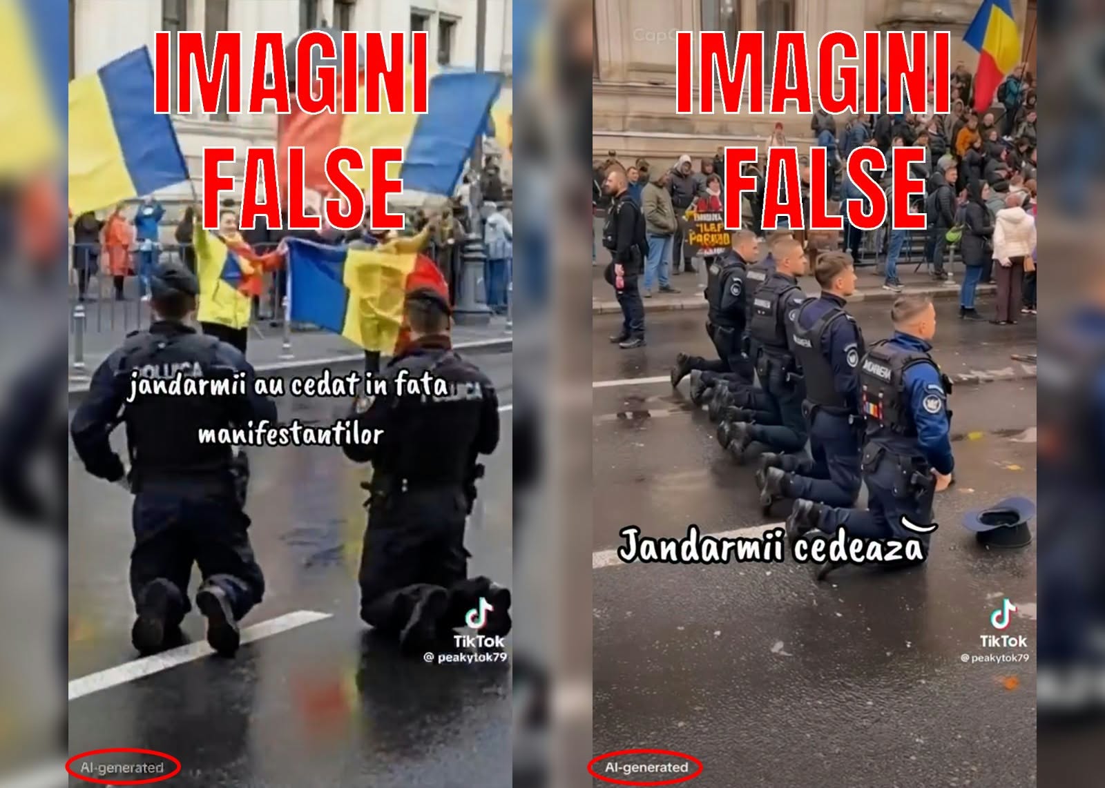 Jandarmeria avertizează că imaginile cu jandarmi în genunchi sunt false și generate de inteligența artificială