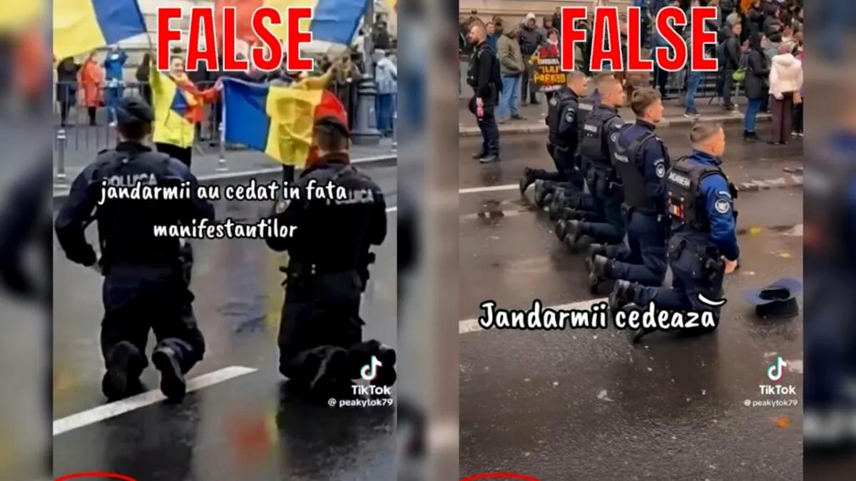 Jandarmeria Română demontează imagini false cu cadre militare în genunchi în fața manifestanților