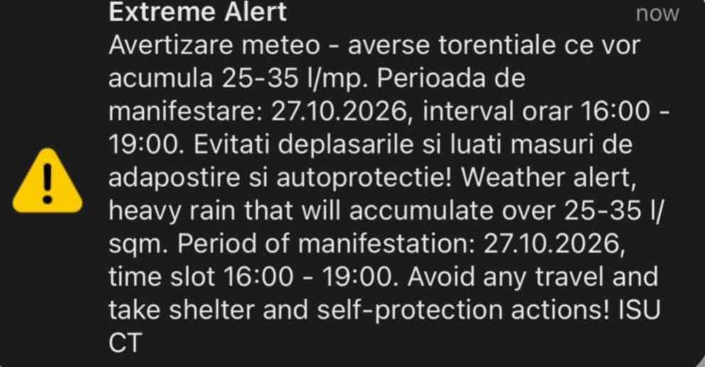 Cod roșu de ploi în Constanța: au fost emise mesaje RO-Alert și s-au produs inundații în cartiere