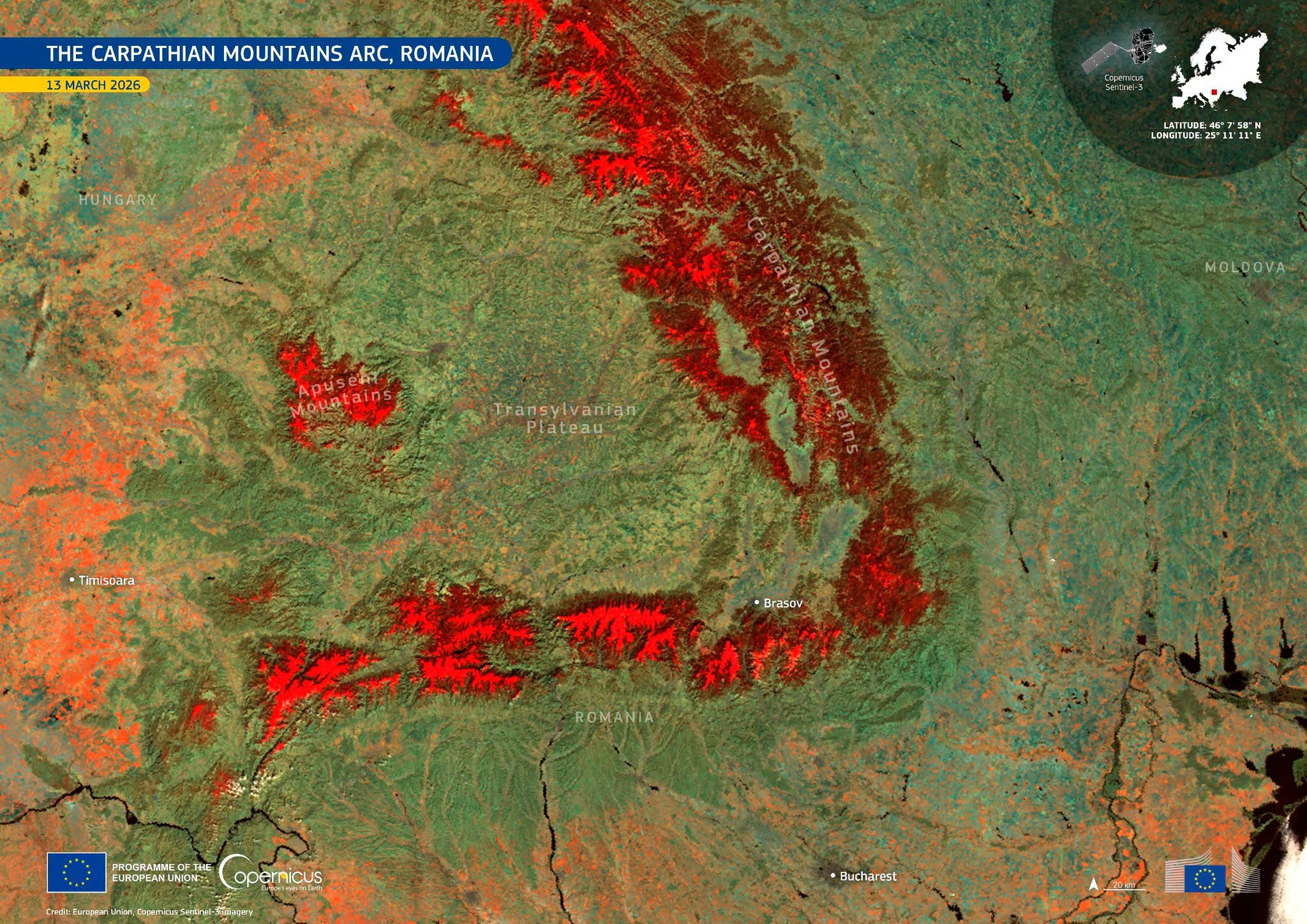 Imagini spectaculoase cu munții României captate de satelitul Copernicus: de ce apare zăpada în culoarea roșului