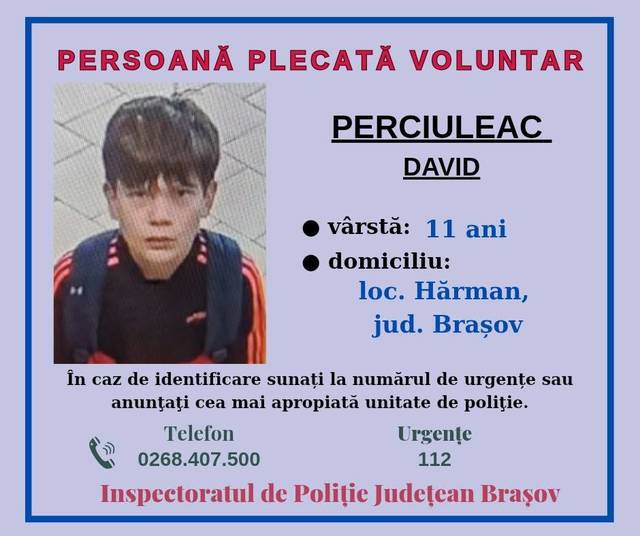 Copil de 11 ani din Hărman este căutat de poliție după ce a plecat de acasă