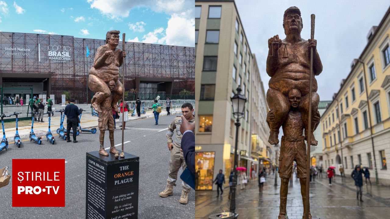 Statuia satirică „Orange Plague”, care îl prezintă pe Donald Trump, este expusă în Parlamentul European