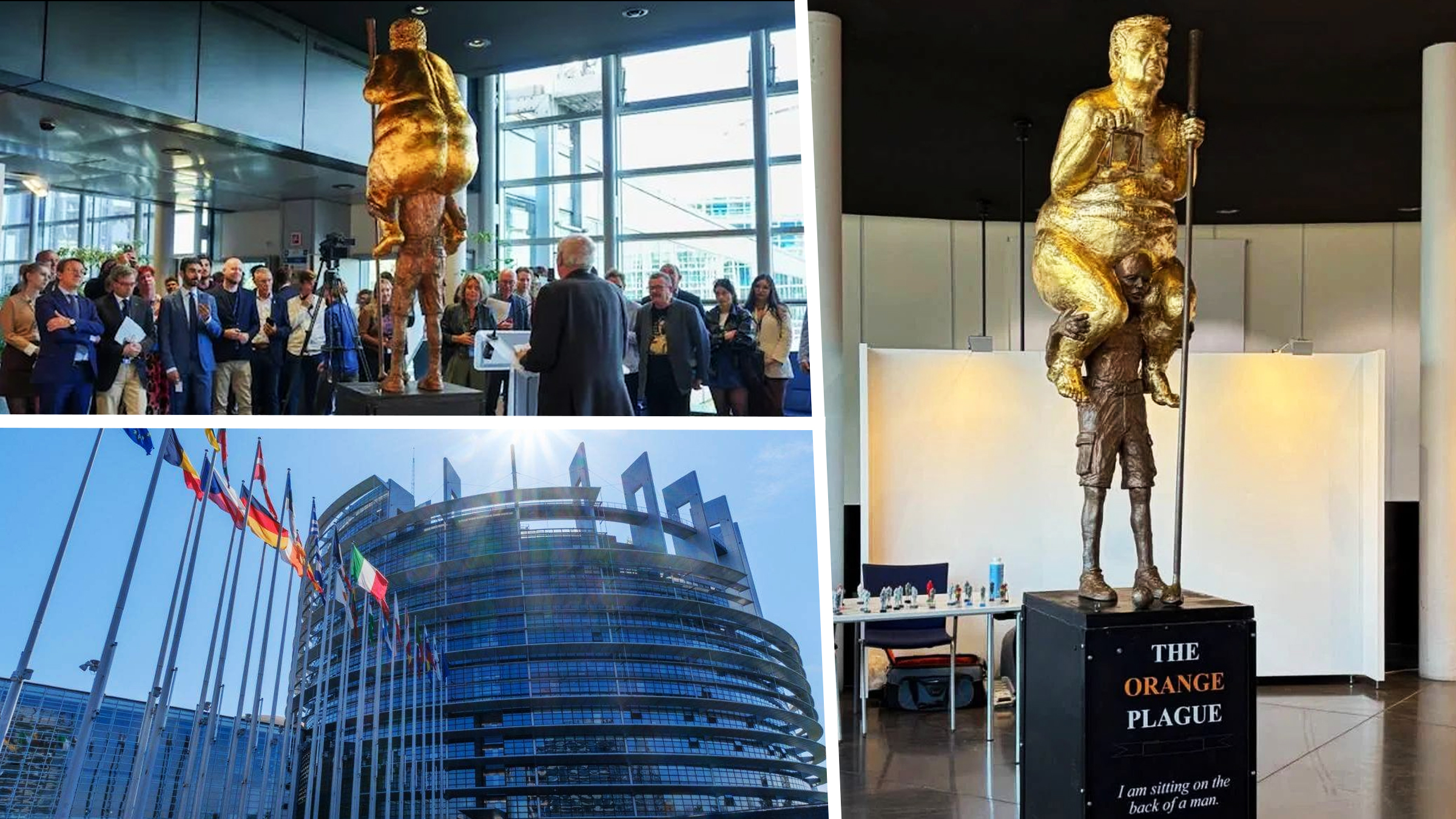 O statuie aurie care îl înfățișează pe Donald Trump dezbrăcat a fost expusă la Parlamentul European